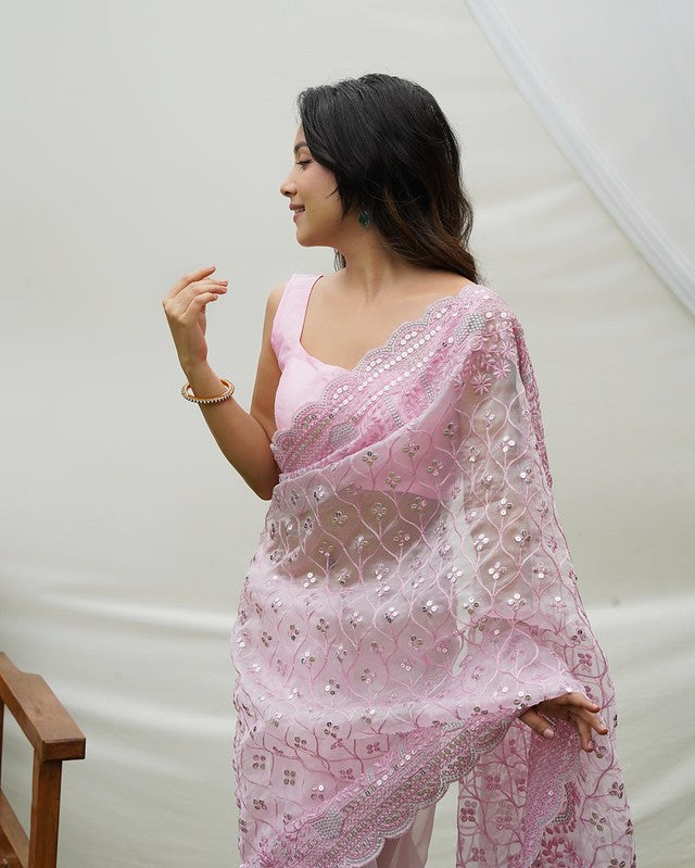 Buy MySilkLove Lily Pink Designer Organza saree with Sequence Work Online