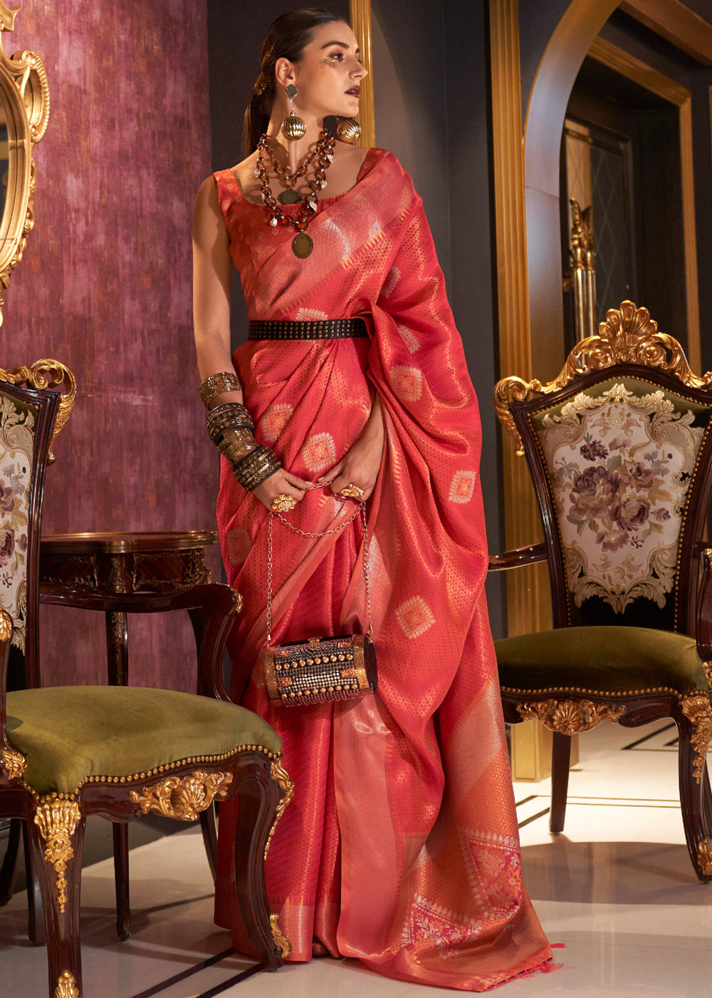 Buy MySilkLove Mahogany Red Zari Woven Banarasi Silk Saree Online