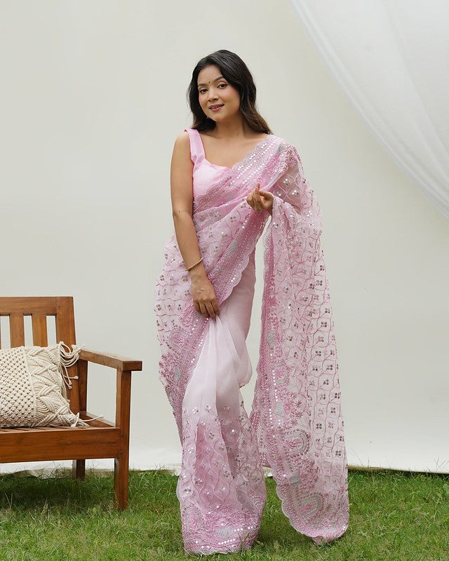 Buy MySilkLove Lily Pink Designer Organza saree with Sequence Work Online