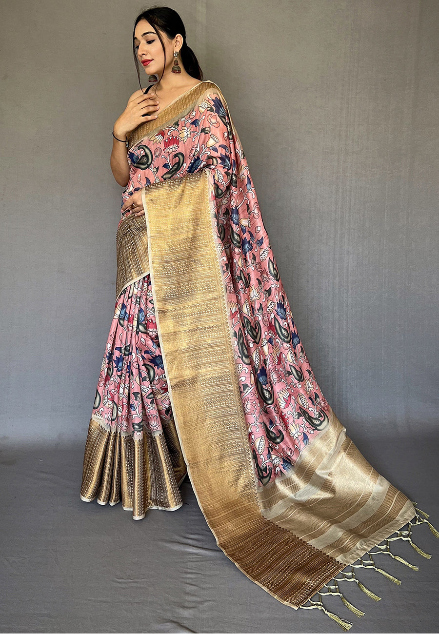 Buy MySilkLove Petite Pink Zari Woven Cotton Kalamkari Digital Printed Saree Online