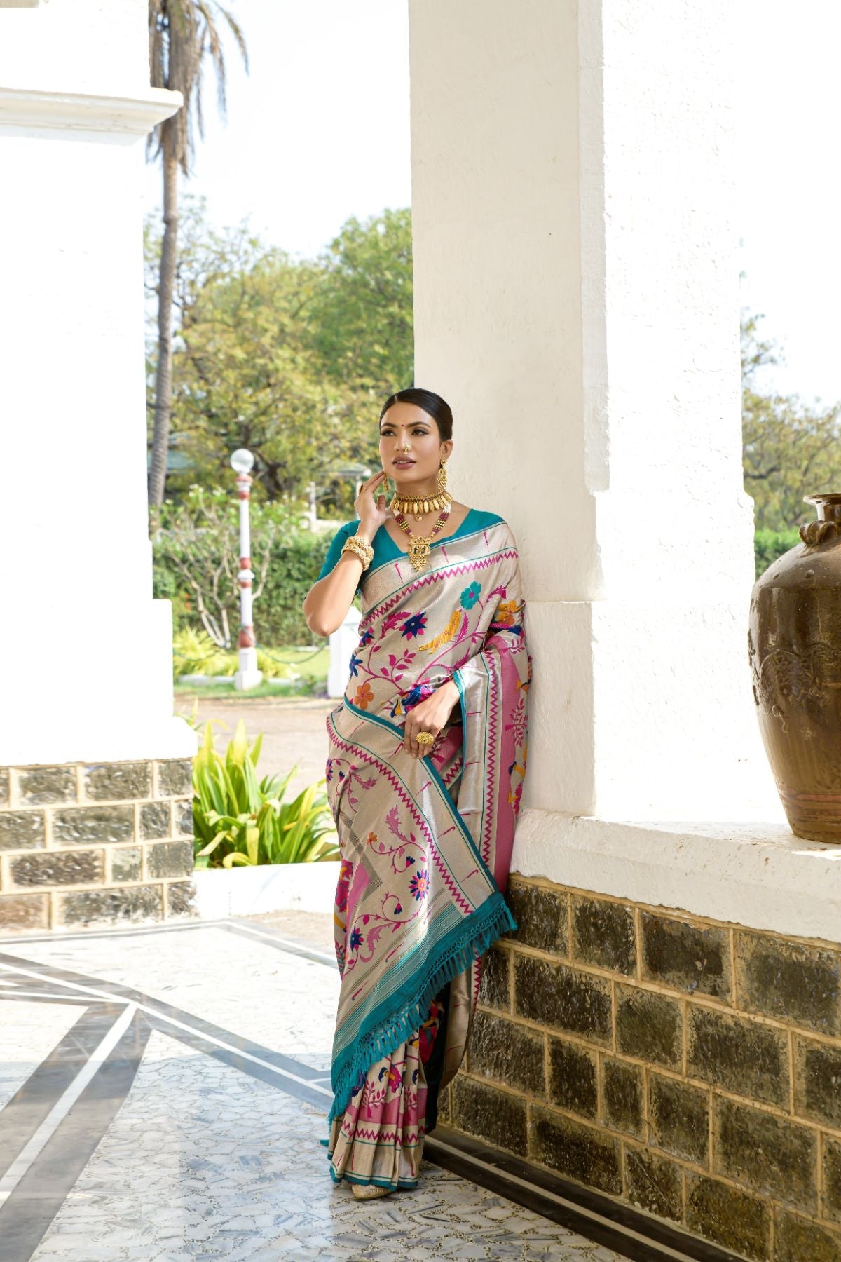 MySilkLove Envy Blue and Pink Woven Paithani Silk Saree