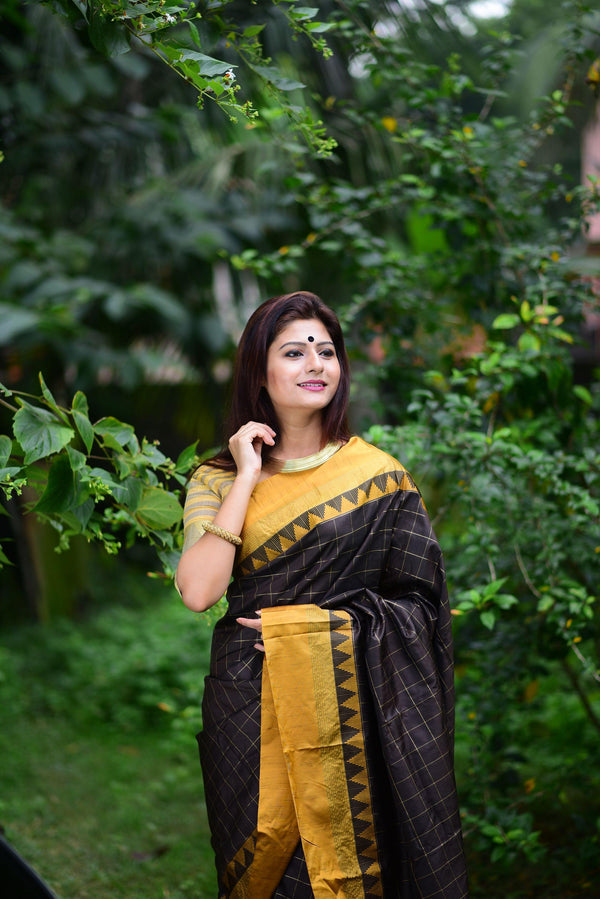 Cocoa Black and Yellow Banarasi Raw Silk Saree