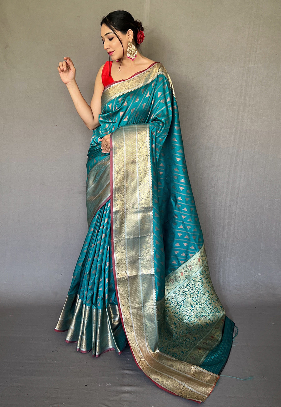 Buy MySilkLove Keppel Blue Banarasi Silk Leheriya Copper Zari Woven Saree Online