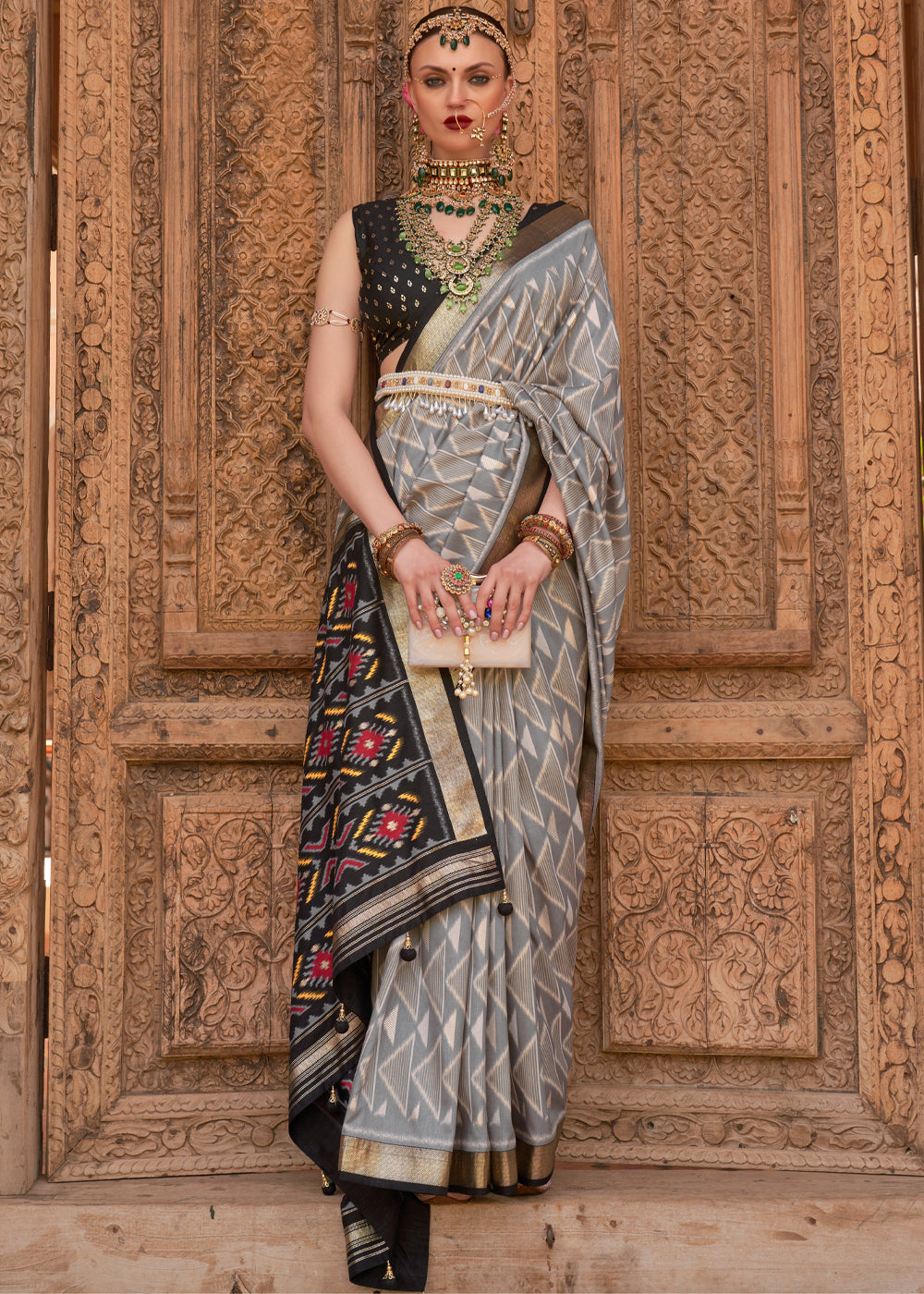 Buy MySilkLove Cloudy Grey and Black Woven Patola Silk Saree Online