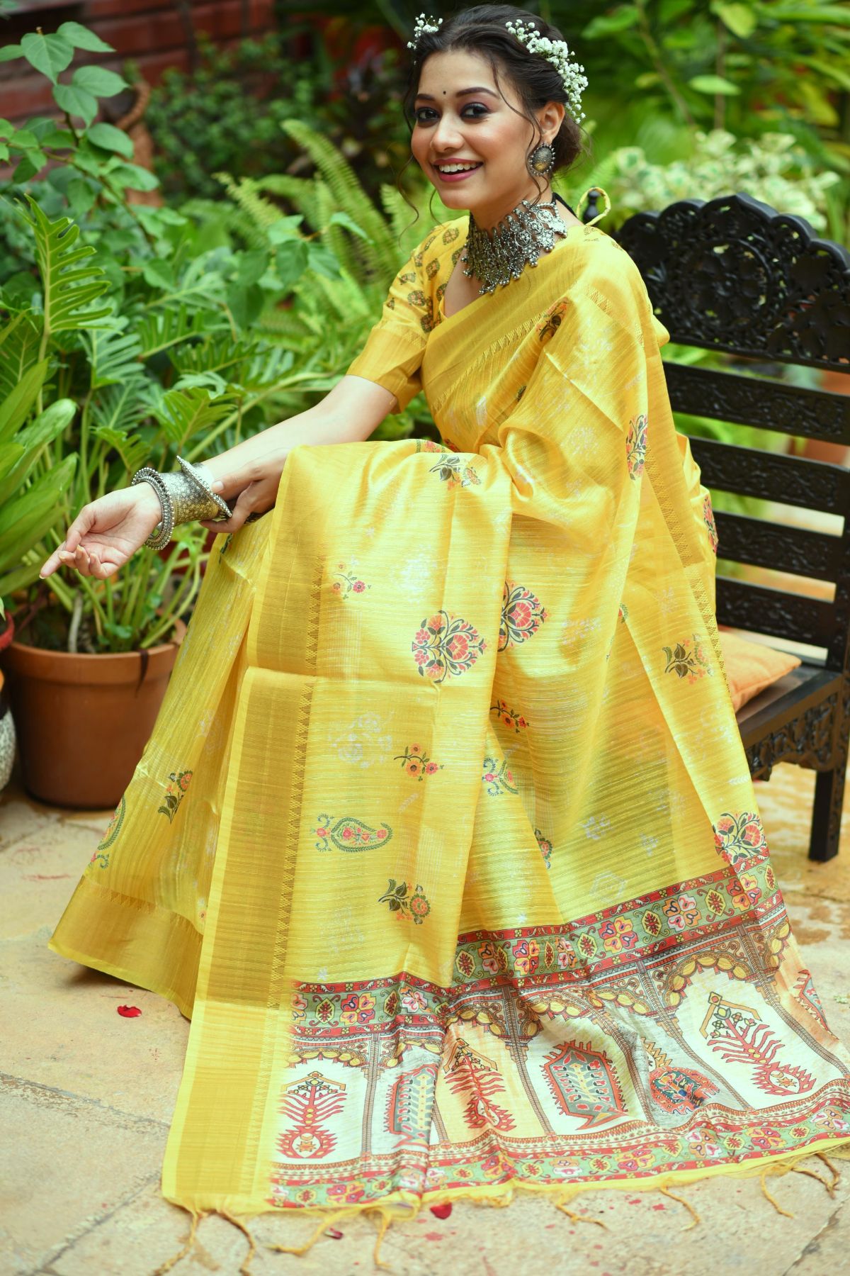 Buy MySilkLove Paris Daisy Yellow Printed South Silk Saree Online