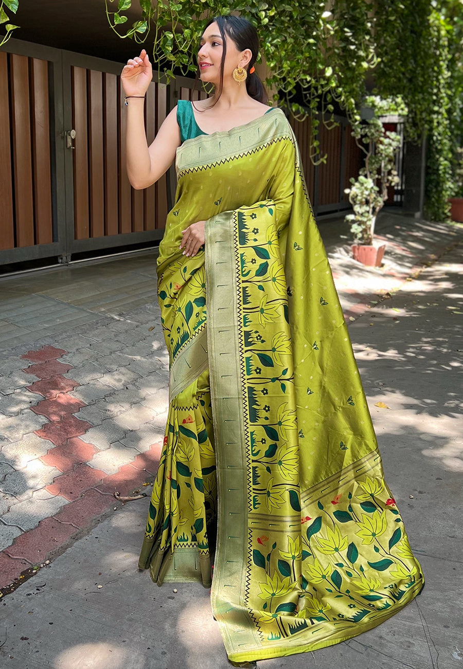 Buy MySilkLove Sycamore Green Zari Woven Titli Royal Paithani Silk Saree Online