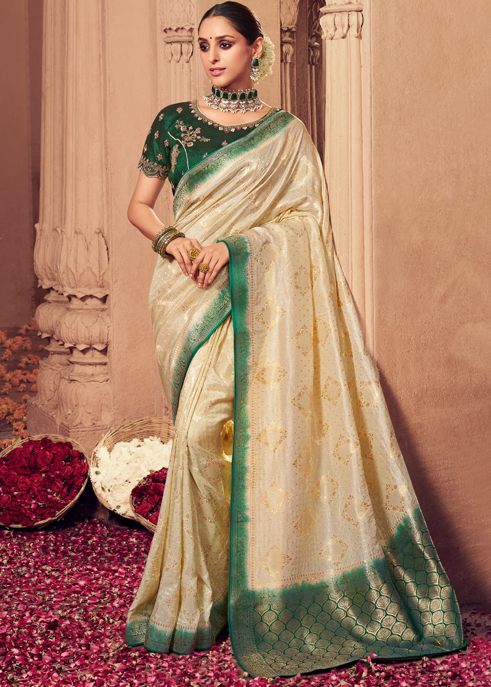 Buy MySilkLove Chamois Cream and Green Zari Woven Designer Banarasi Saree Online