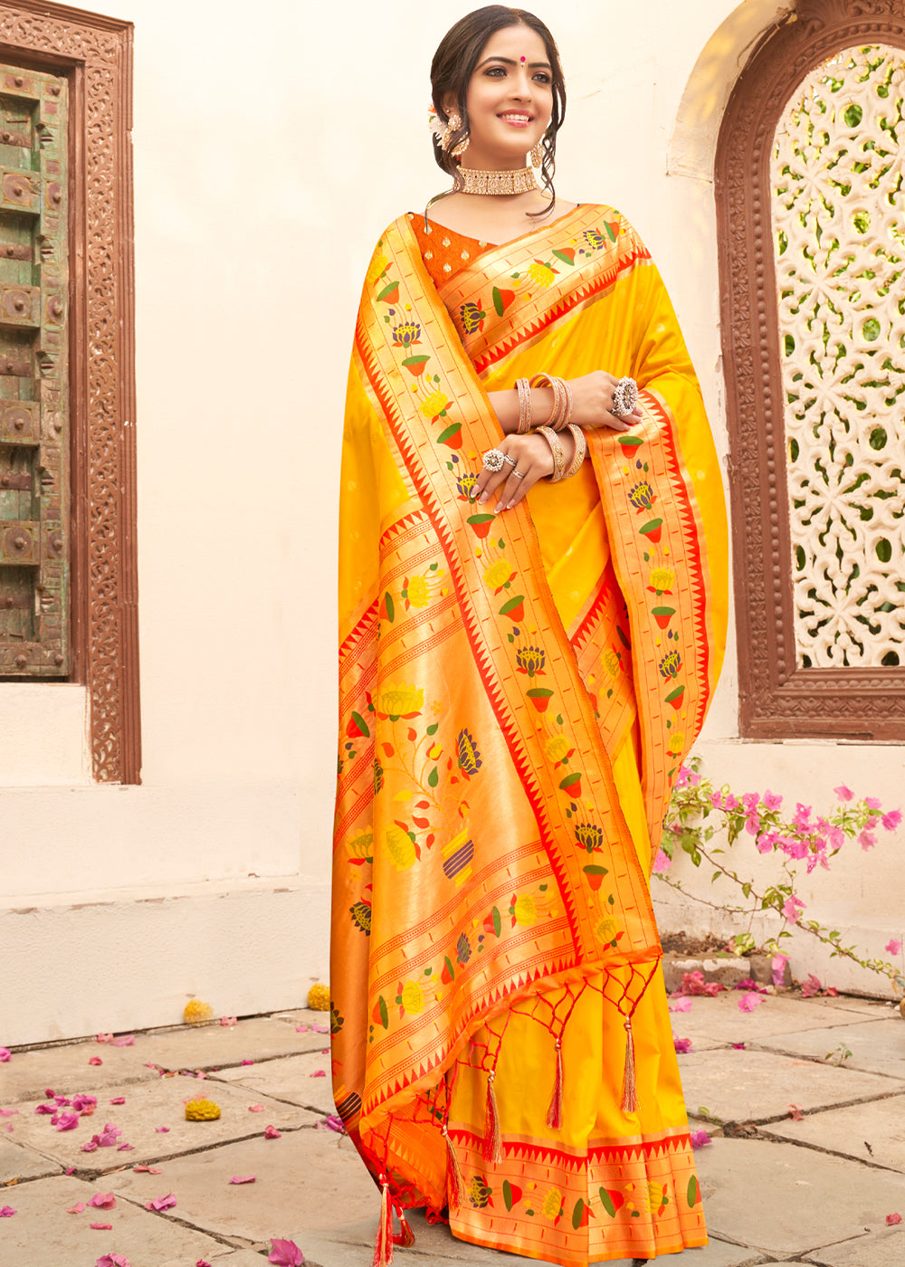 Buy MySilkLove Paris Daisy Yellow Woven Paithani Silk Saree Online