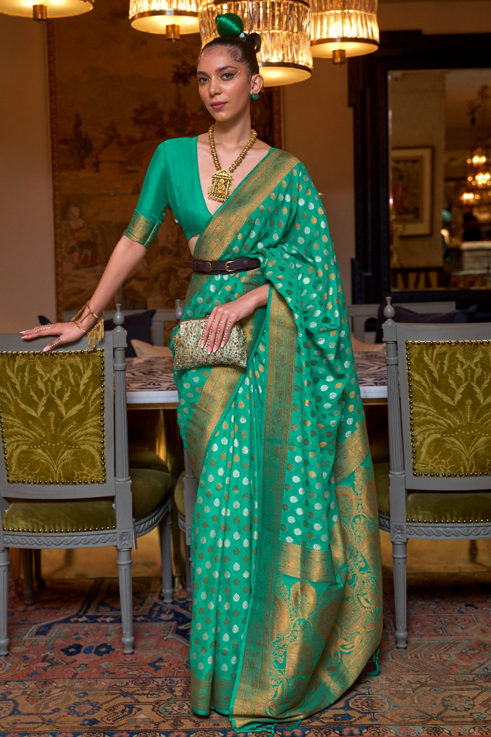 Buy MySilkLove Jungle Green Copper Zari Pure Khadi Banarasi Saree Online