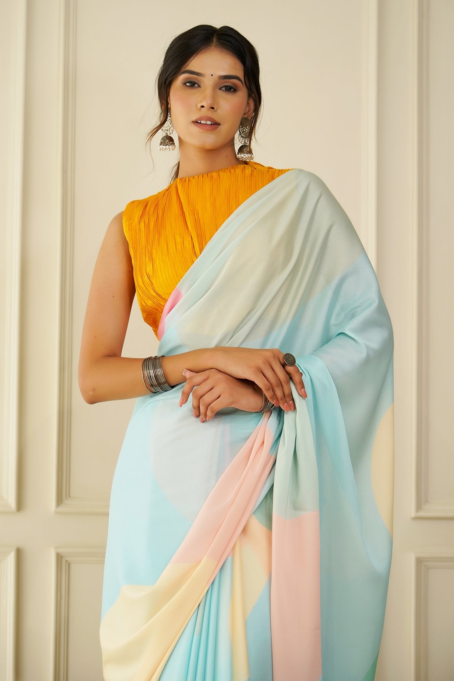 Buy MySilkLove Paris Blue and Pink Crepe Silk Georgette Saree Online