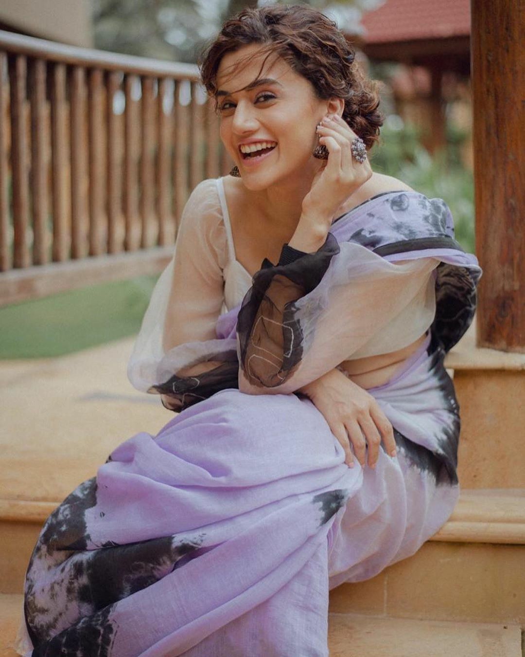 Buy MySilkLove Taapsee Pannu Inspired Cold Purple Purple and Black Printed Georgette Saree Online