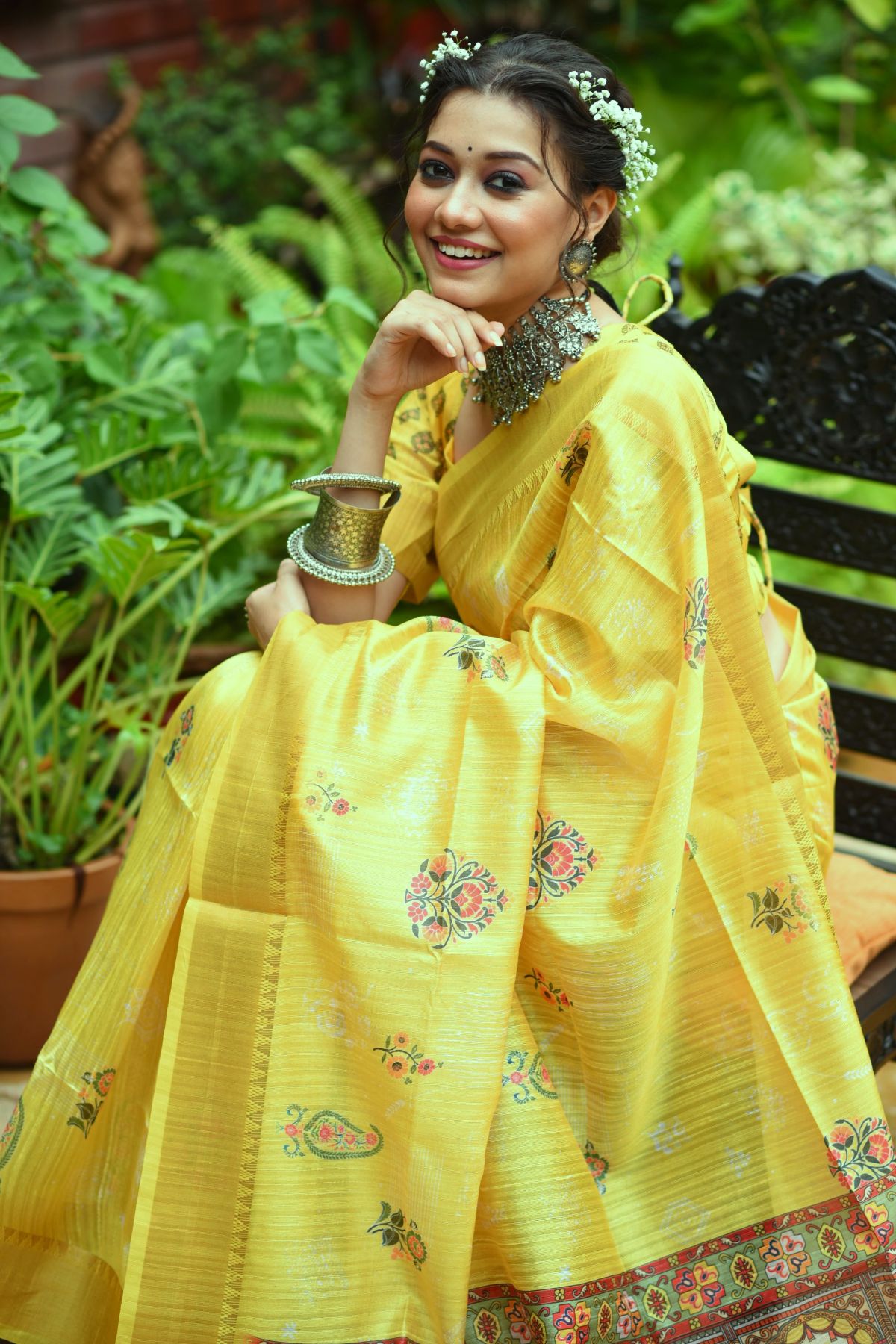 Buy MySilkLove Paris Daisy Yellow Printed South Silk Saree Online