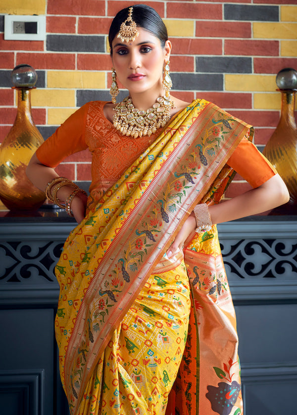 Marigold Yellow Woven Paithani Patola Silk Saree