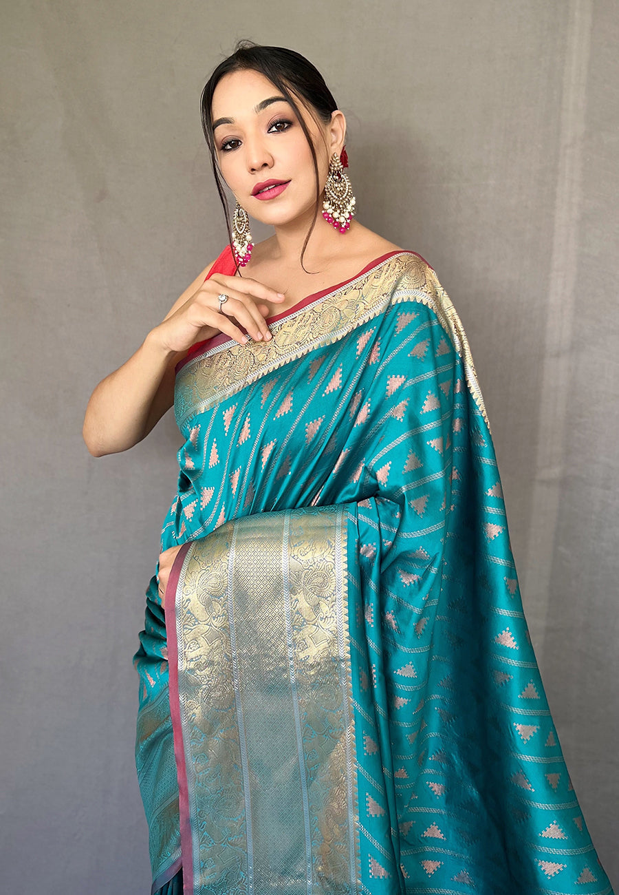 MySilkLove Keppel Blue Banarasi Silk Leheriya Copper Zari Woven Saree