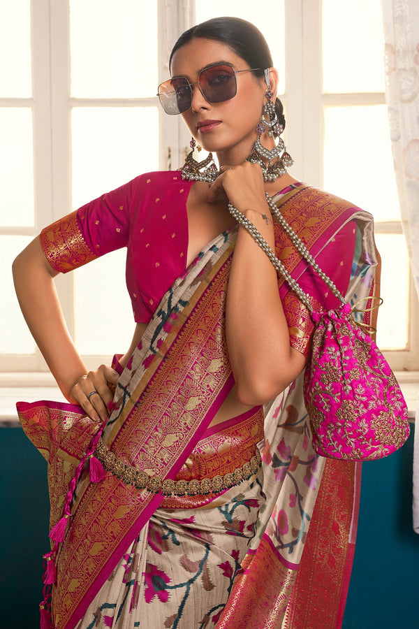 Sapling Brown Digital Printed Banarasi Silk Saree