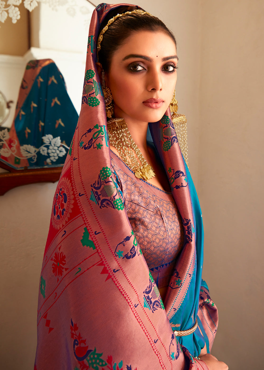 MySilkLove Regal Blue and Pink Zari Woven Paithani Silk Saree