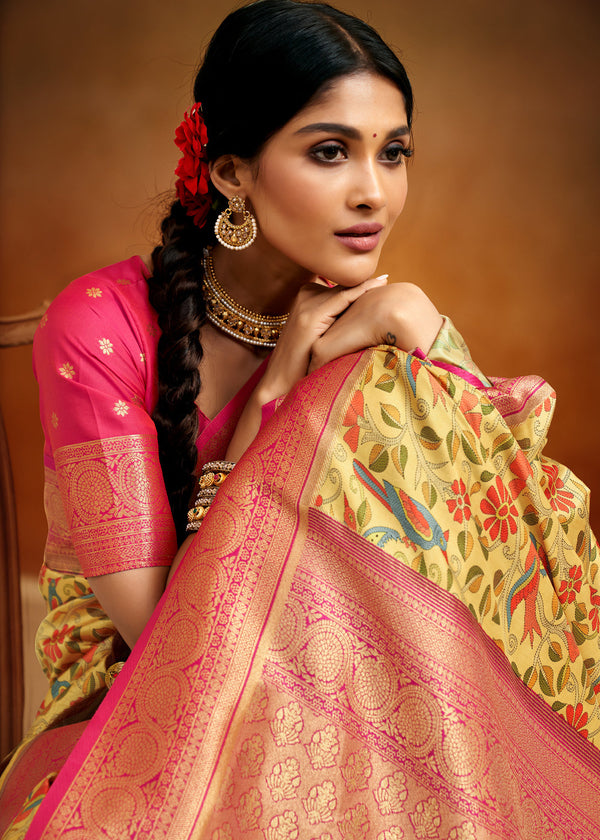 Wild Yellow And Pink Woven Banarasi Kalamkari Silk Saree
