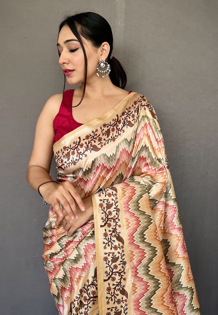 Buy MySilkLove Cashmere Peach Multicolor Ikat Printed Saree Online