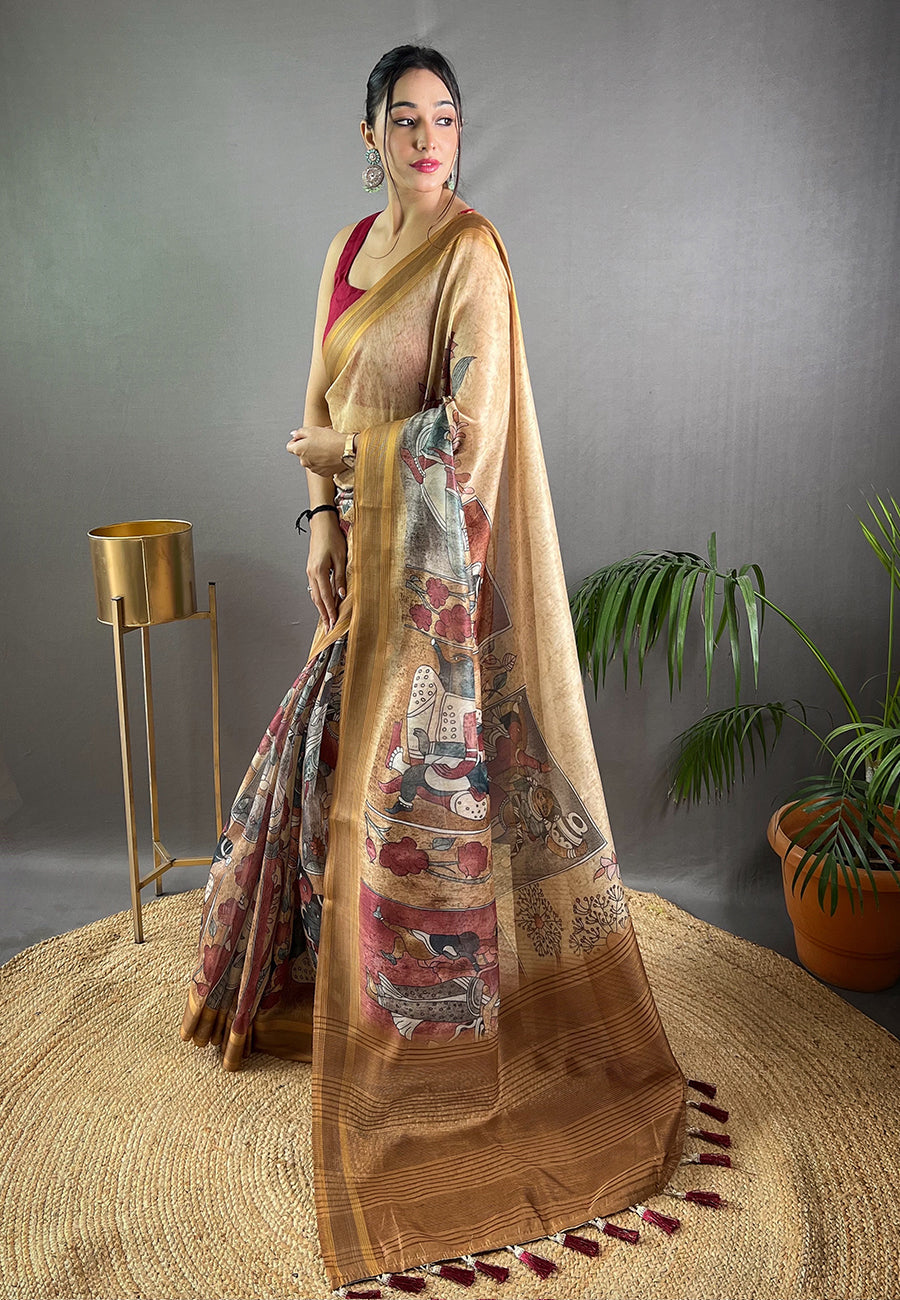 Buy MySilkLove Mongoose Brown Cotton Kalamkari Printed Saree Online