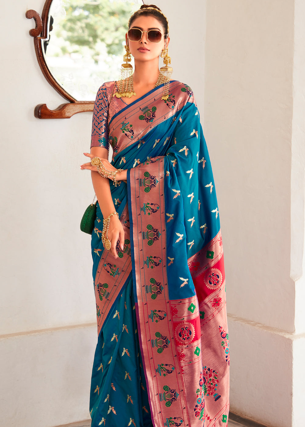 Buy MySilkLove Regal Blue and Pink Zari Woven Paithani Silk Saree Online