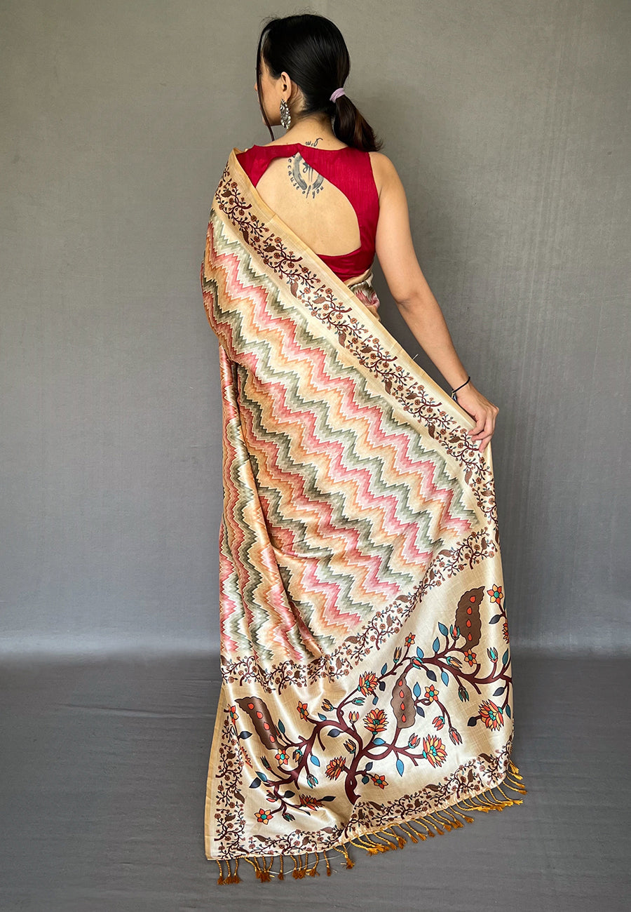 Buy MySilkLove Cashmere Peach Multicolor Ikat Printed Saree Online