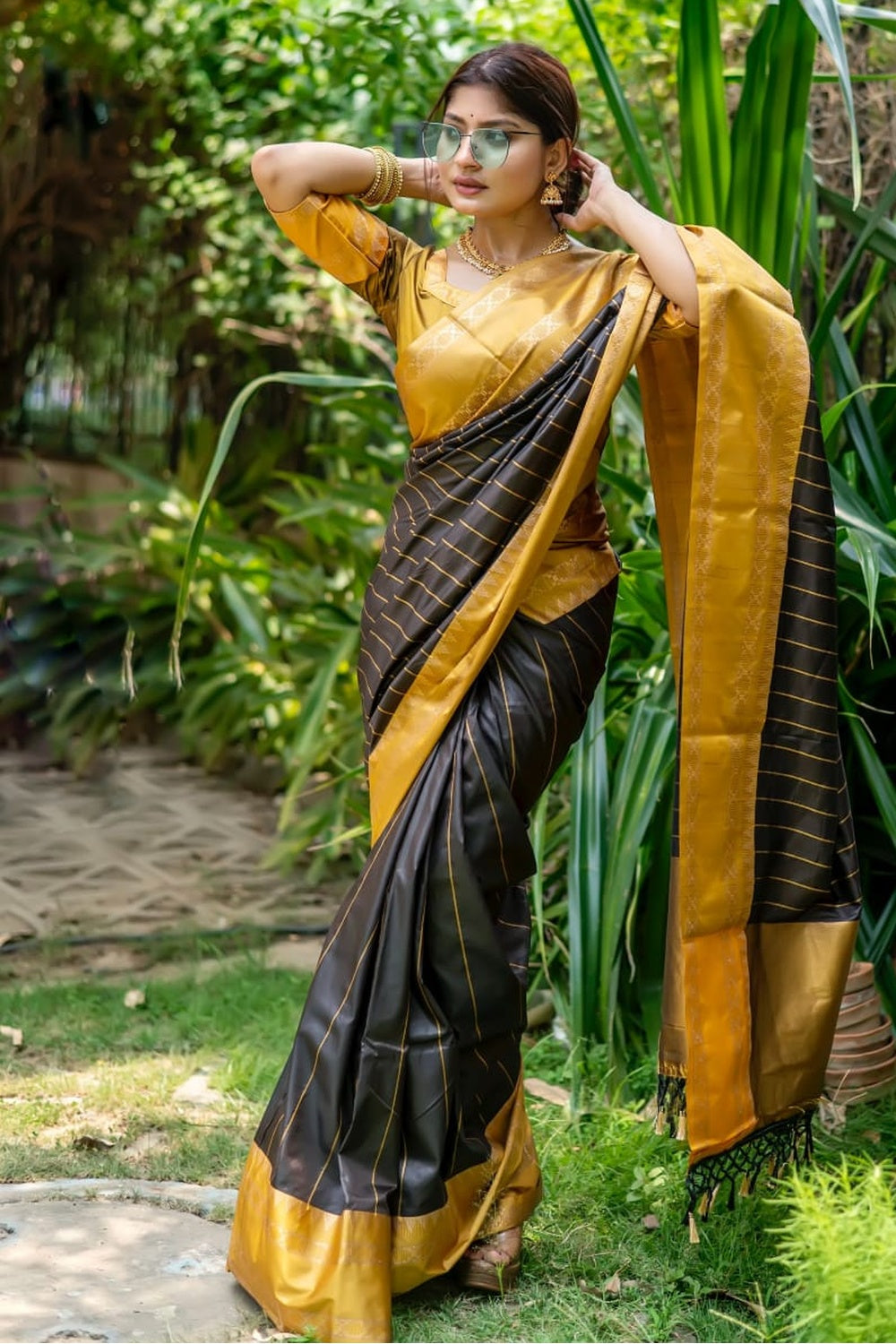 Buy MySilkLove Eerie Black and Yellow Woven Tussar Silk Saree Online