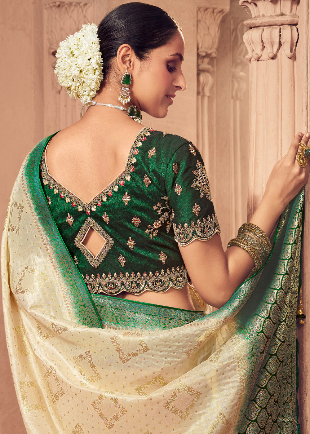 Buy MySilkLove Chamois Cream and Green Zari Woven Designer Banarasi Saree Online