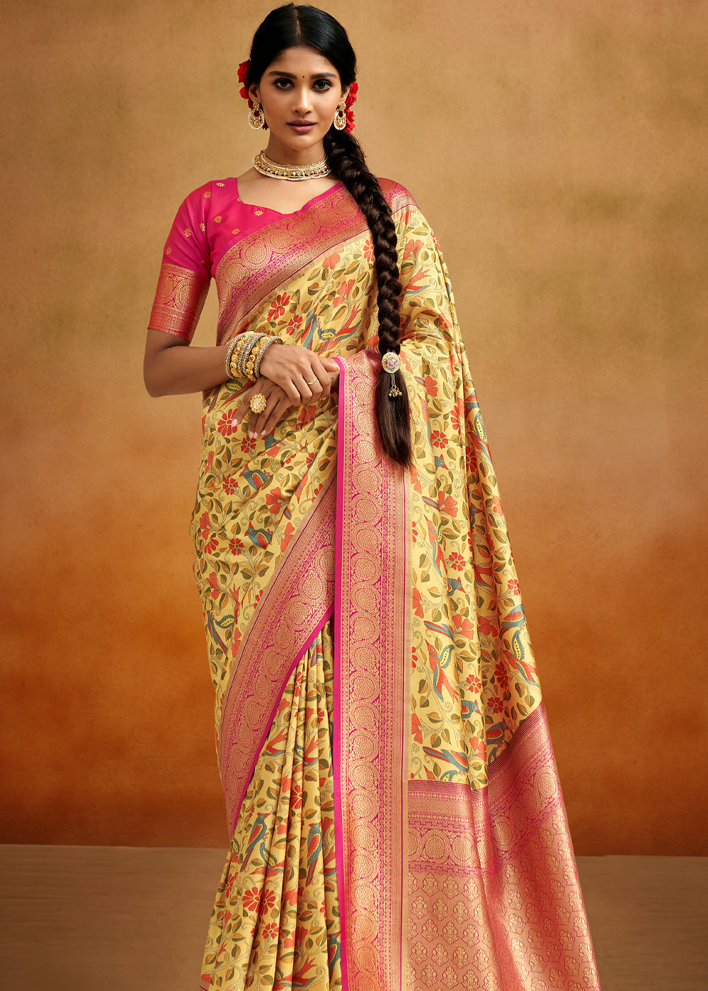 Buy MySilkLove Wild Yellow And Pink Woven Banarasi Kalamkari Silk Saree Online