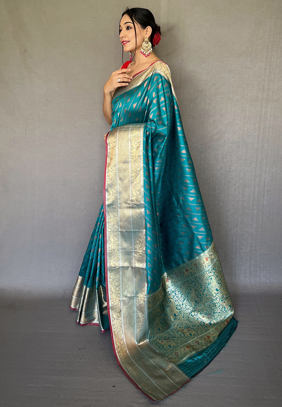 Buy MySilkLove Keppel Blue Banarasi Silk Leheriya Copper Zari Woven Saree Online