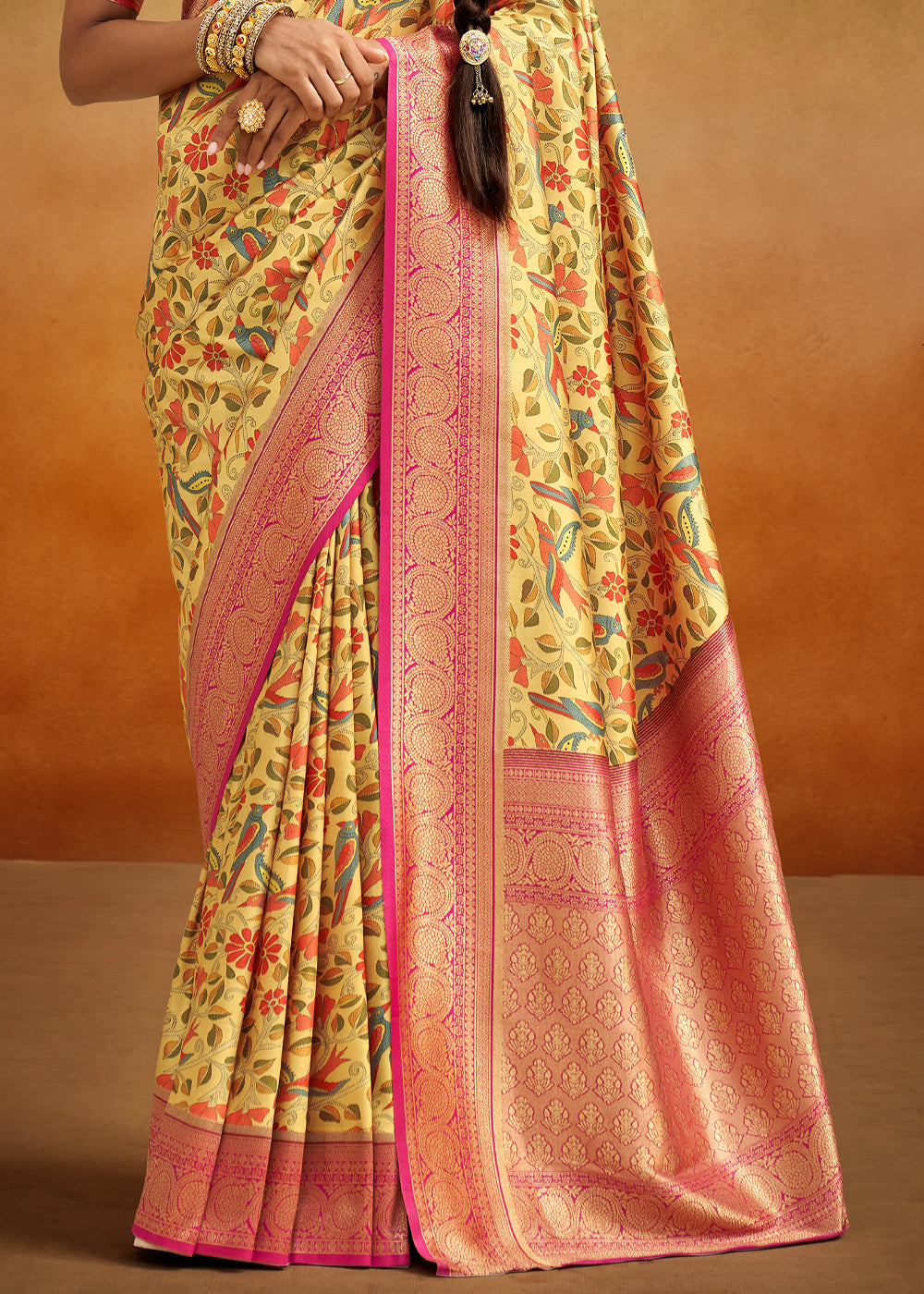 Buy MySilkLove Wild Yellow And Pink Woven Banarasi Kalamkari Silk Saree Online