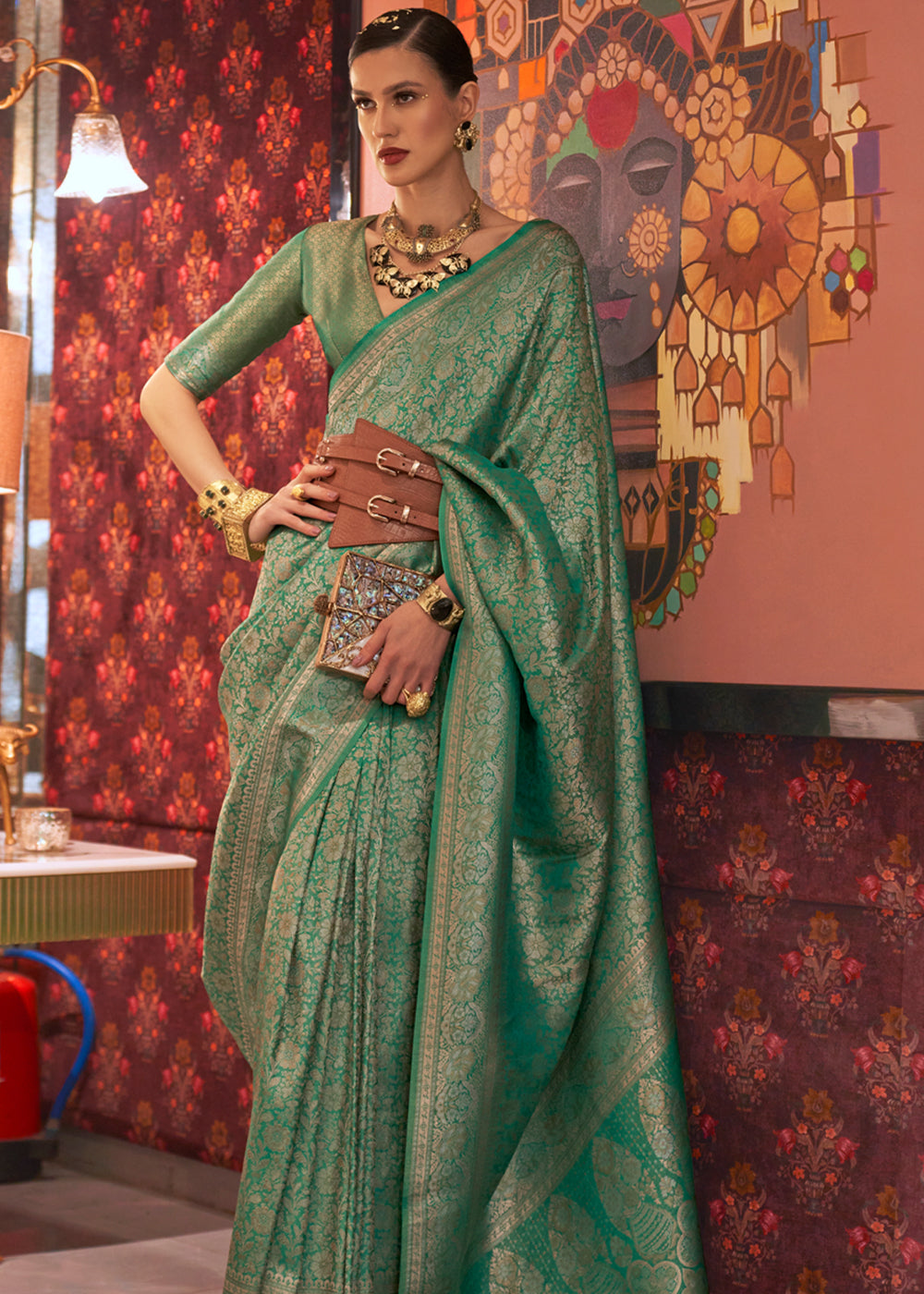 Buy MySilkLove Camouflage Green Dual Tone Woven Kanjivaram Silk Saree Online