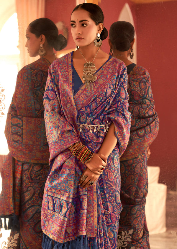 Tuna Blue Woven Kashmiri Jamewar Silk Saree