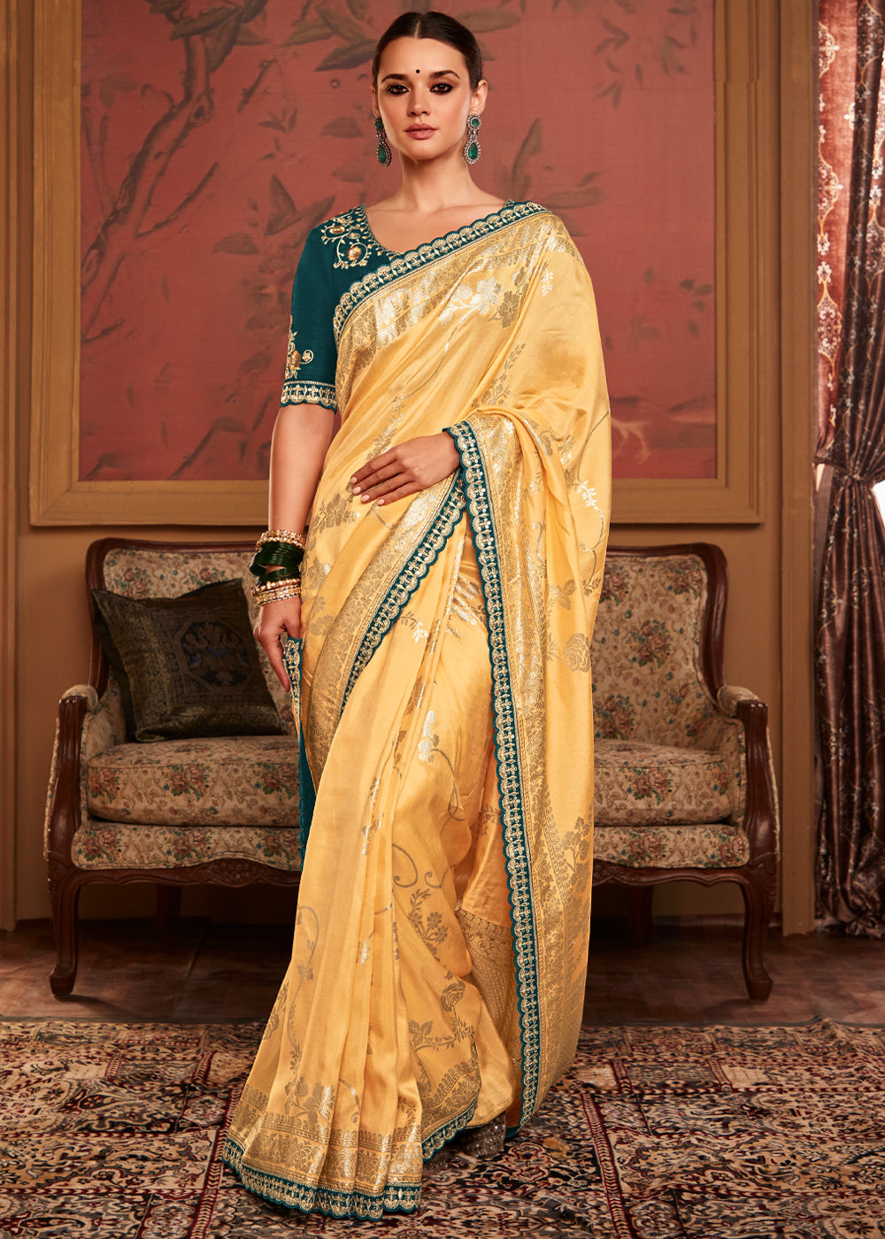 Buy MySilkLove Saffron Yellow Woven Banarasi Designer Silk Saree With Embroidered Blouse Online