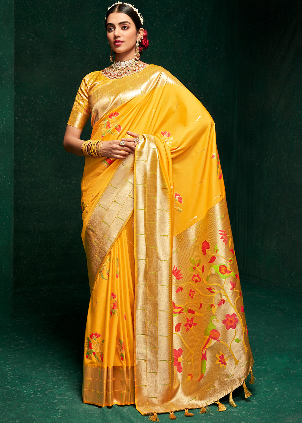 Buy MySilkLove Brandy Punch Yellow Woven Paithani Silk Saree With Brocade Blouse Online