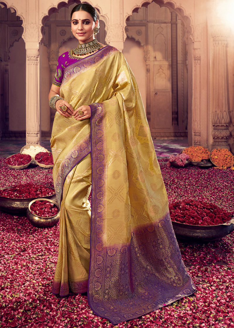 Sunset Yellow and Purple Zari Woven Designer Banarasi Saree – MySilkLove