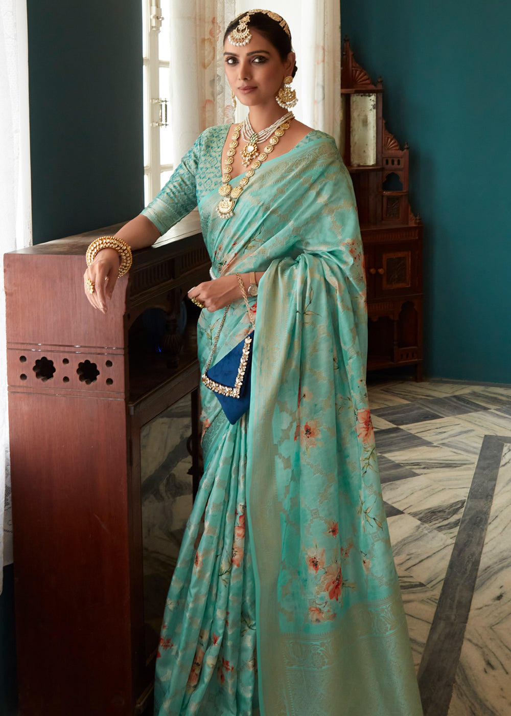 Buy MySilkLove Patina Green Woven Banarasi Floral Printed Silk Saree Online