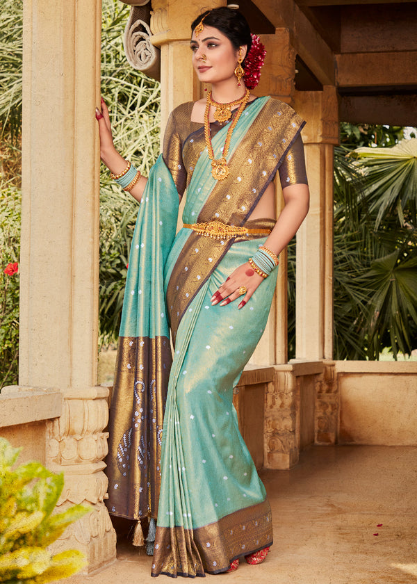 Gulf Stream Blue Woven Kanjivaram Silk Saree