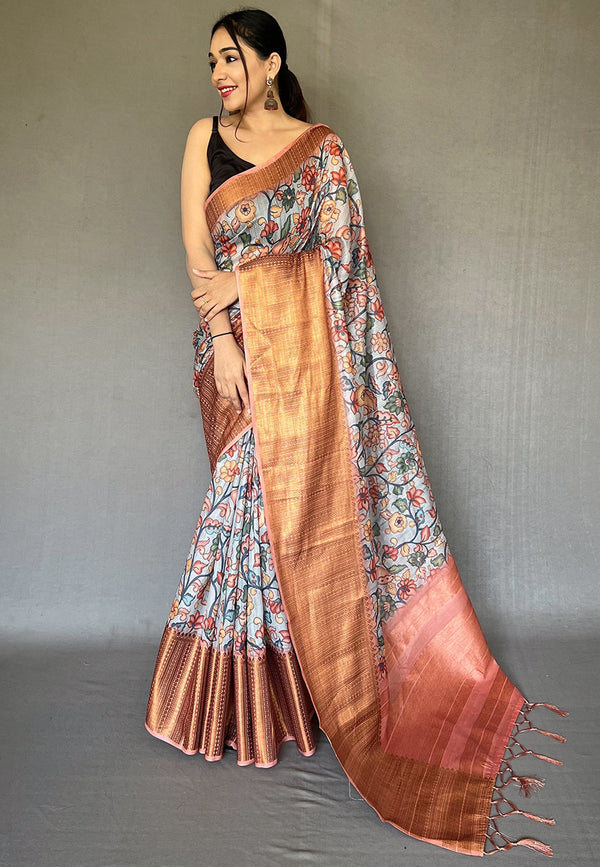 Zorba Grey Zari Woven Cotton Kalamkari Digital Printed Saree