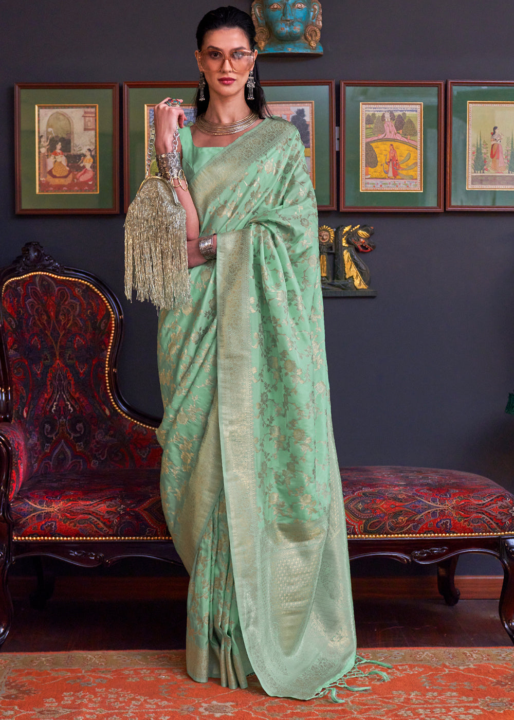 Buy MySilkLove Pista Green Banarasi Katan Silk Saree Online