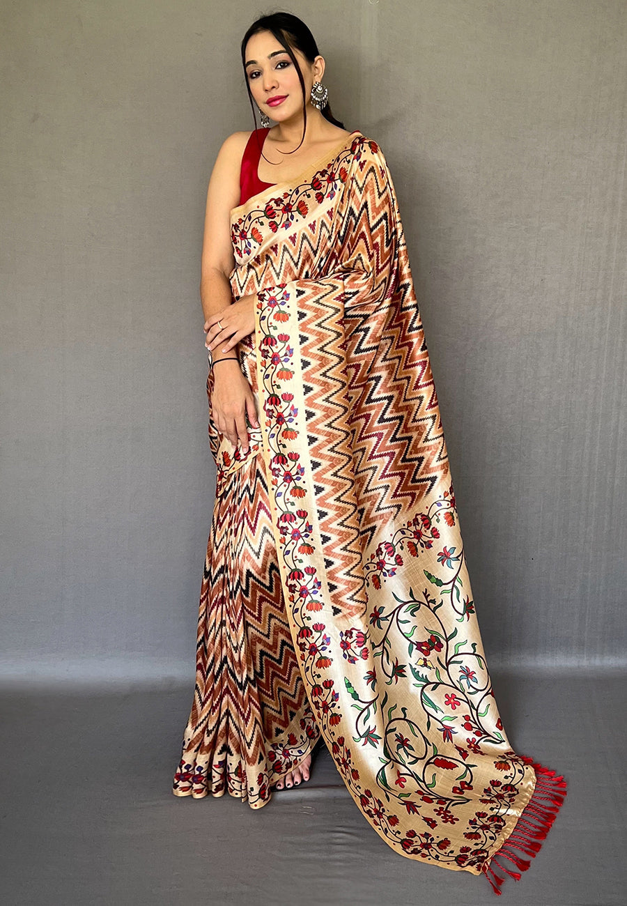 Buy MySilkLove Metallic Brown Multicolor Ikat Printed Saree Online