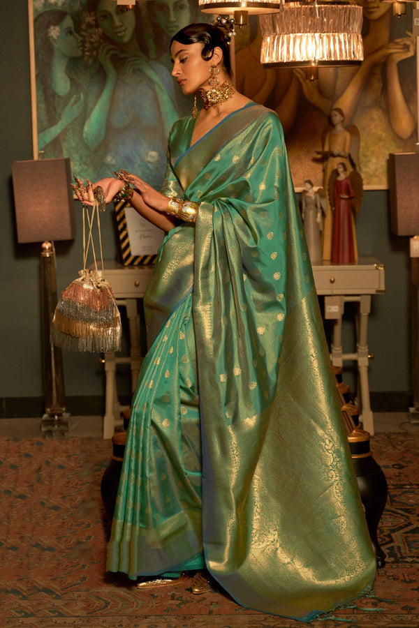 Glade Green Woven Kanjivaram Handloom Silk Saree