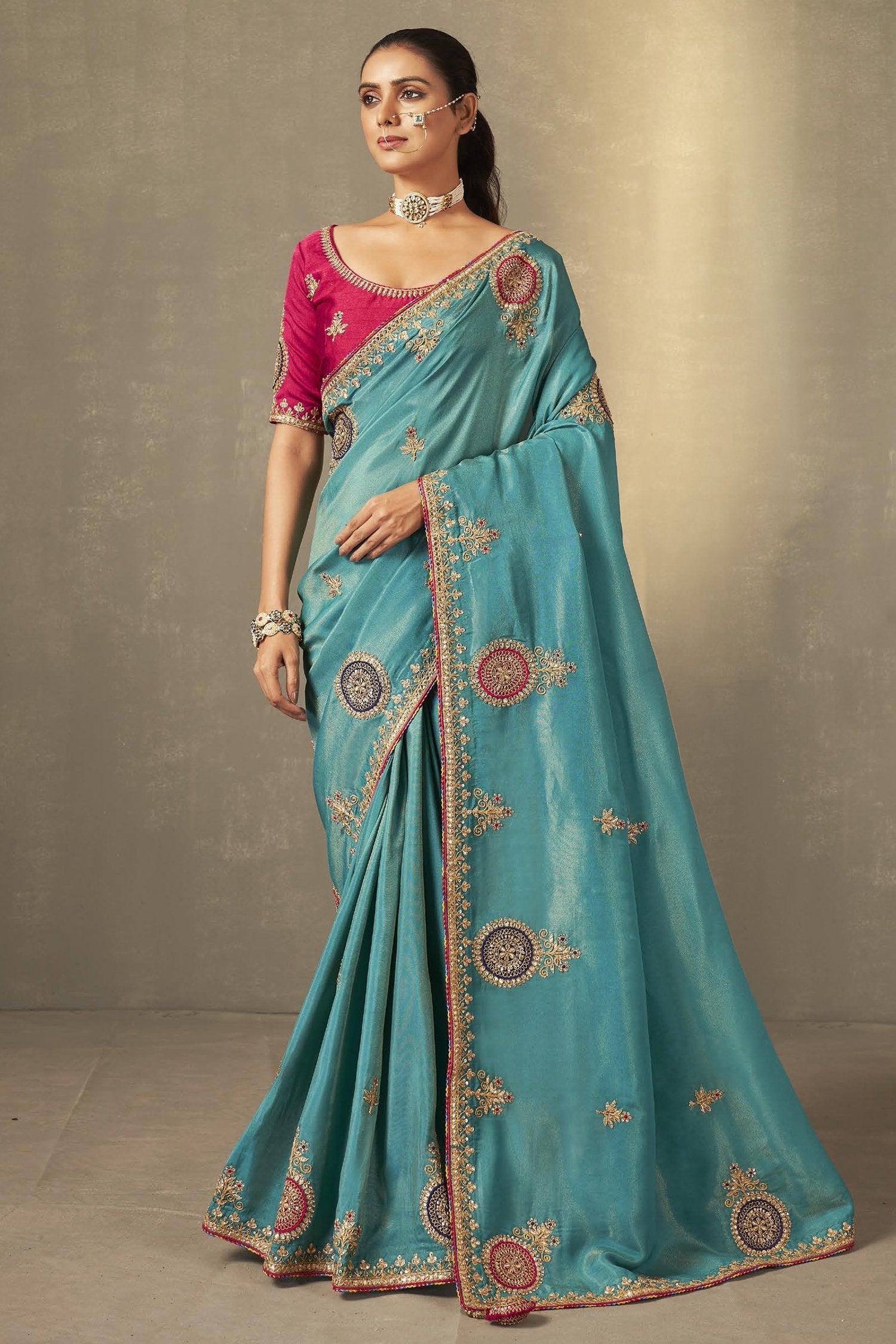 Buy MySilkLove Faded Blue and Pink Embroidered Silk Saree with Designer Blouse Online