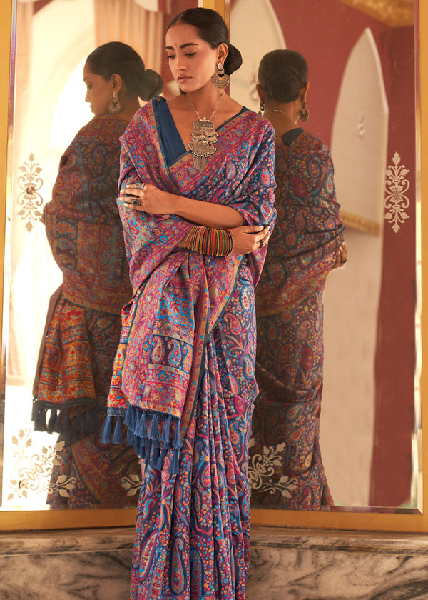 Tuna Blue Woven Kashmiri Jamewar Silk Saree