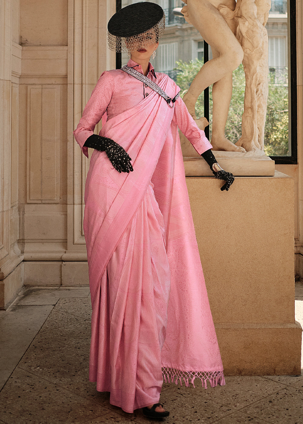 MySilkLove Pastel Pink Woven Kanjivaram Satin Silk Saree