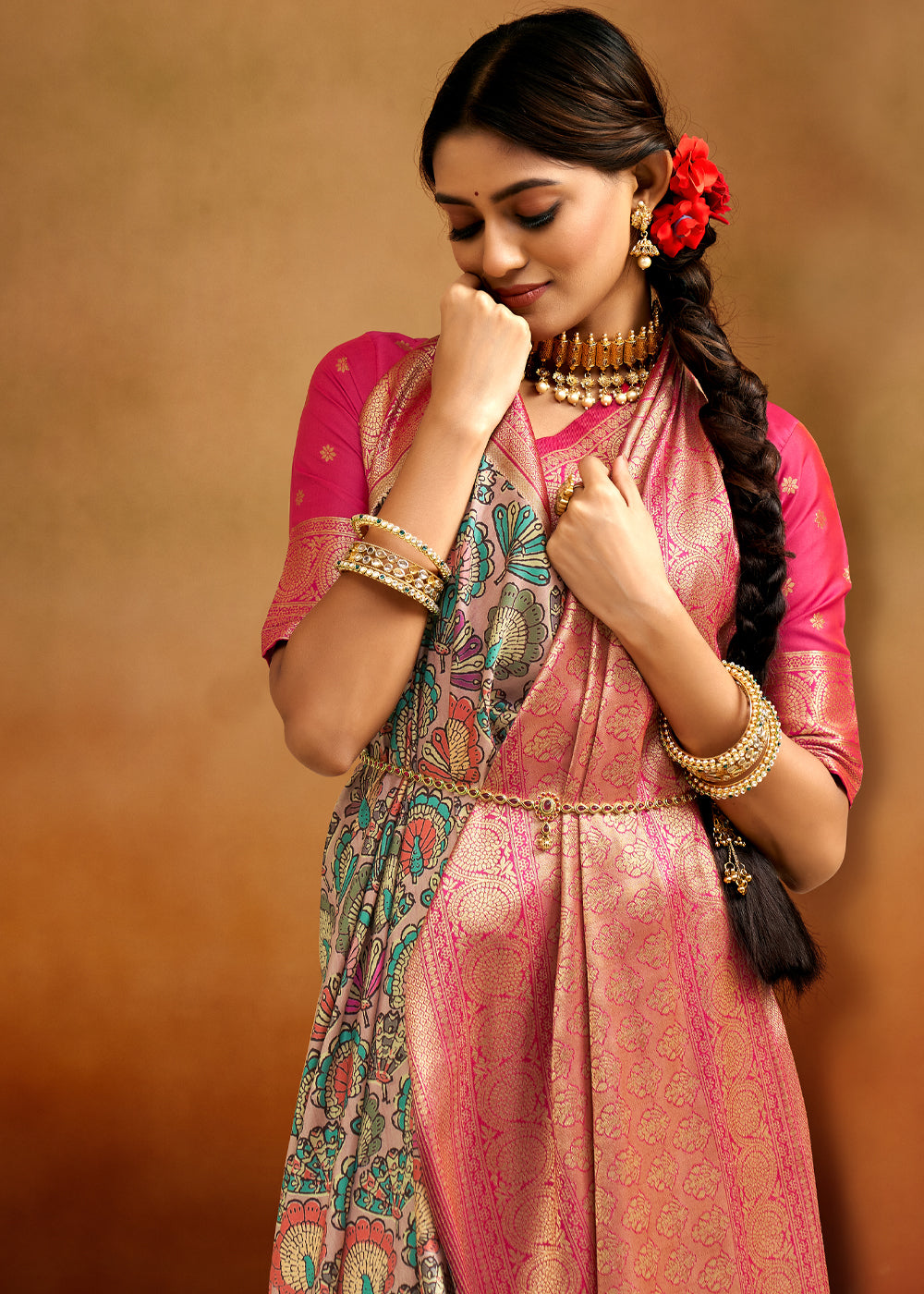 Buy MySilkLove Multicolor Brown Woven Banarasi Kalamkari Silk Saree Online
