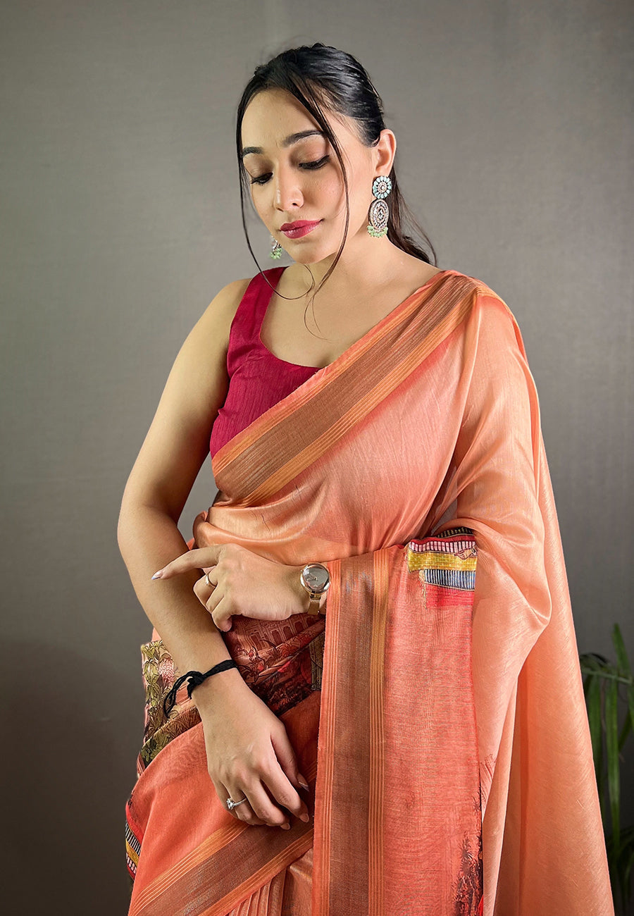 MySilkLove Terracotta Peach Cotton Kalamkari Printed Saree
