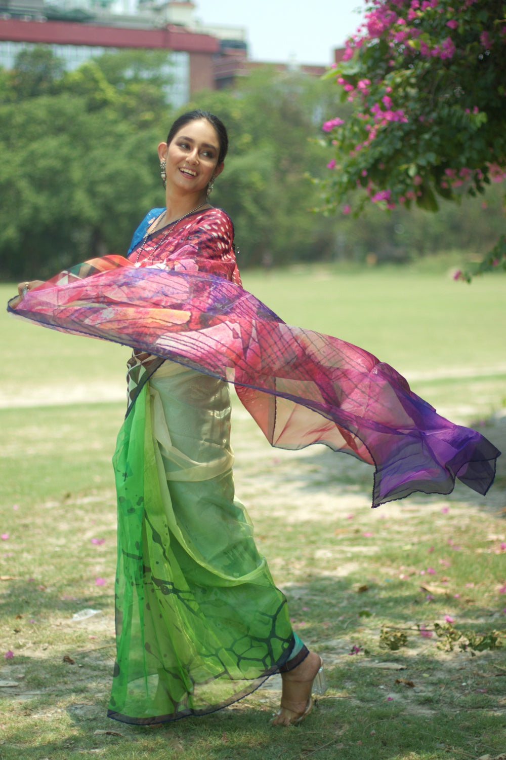 Buy MySilkLove Forest Green and Purple Floral Design Organza Printed Saree Online