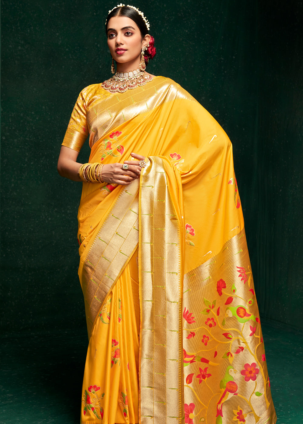 MySilkLove Brandy Punch Yellow Woven Paithani Silk Saree With Brocade Blouse
