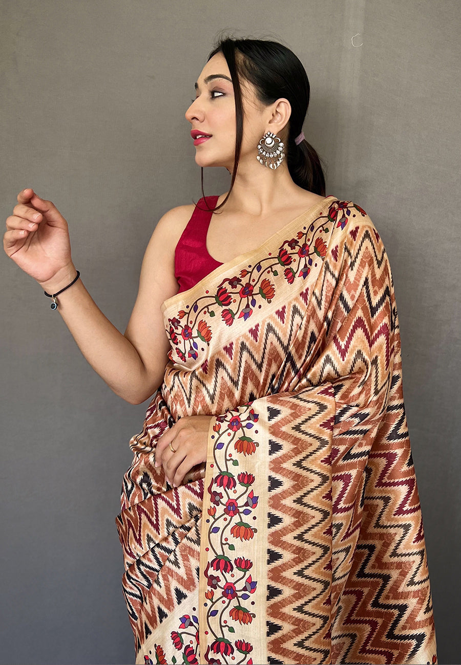 Buy MySilkLove Metallic Brown Multicolor Ikat Printed Saree Online