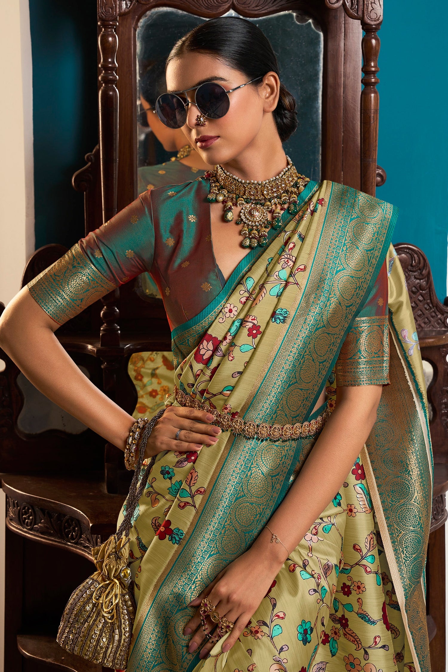 MySilkLove Sycamore Green Digital Printed Banarasi Silk Saree